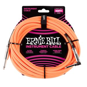 Ernie Ball Braided Instrument Cable - 1/4" TS to Right Angle 1/4" TS, 10', Neon Orange