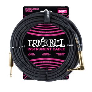 Ernie Ball Braided Instrument Cable - 1/4" TS to Right Angle 1/4" TS, 10', Black/Gold Tips
