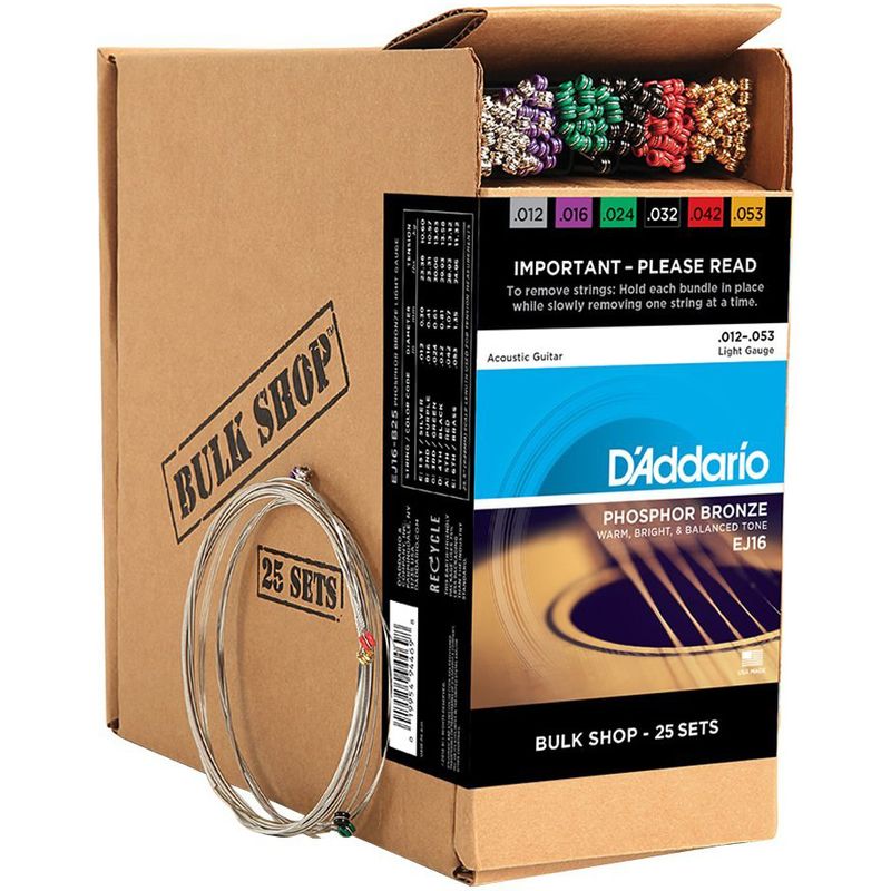 D'Addario EJ16 Phosphor Bronze Acoustic Guitars Strings 25 Set Bulk Pack - Light  12-53 - Cosmo Music