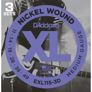D'Addario EXL115-3D XL Nickel Wound Electric Guitar Strings - Medium/Blues-Jazz Rock, 11-49, 3 Pack