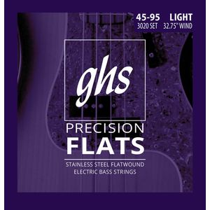 GHS 3020 Precision Flats Flatwound Stainless Steel Bass Guitar Strings - Light 45-95, Short Scale