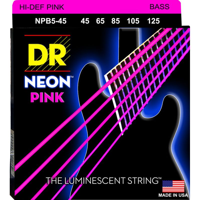 DR Strings NPB5 45 NEON Hi Def Pink Coated 5 String Bass Strings