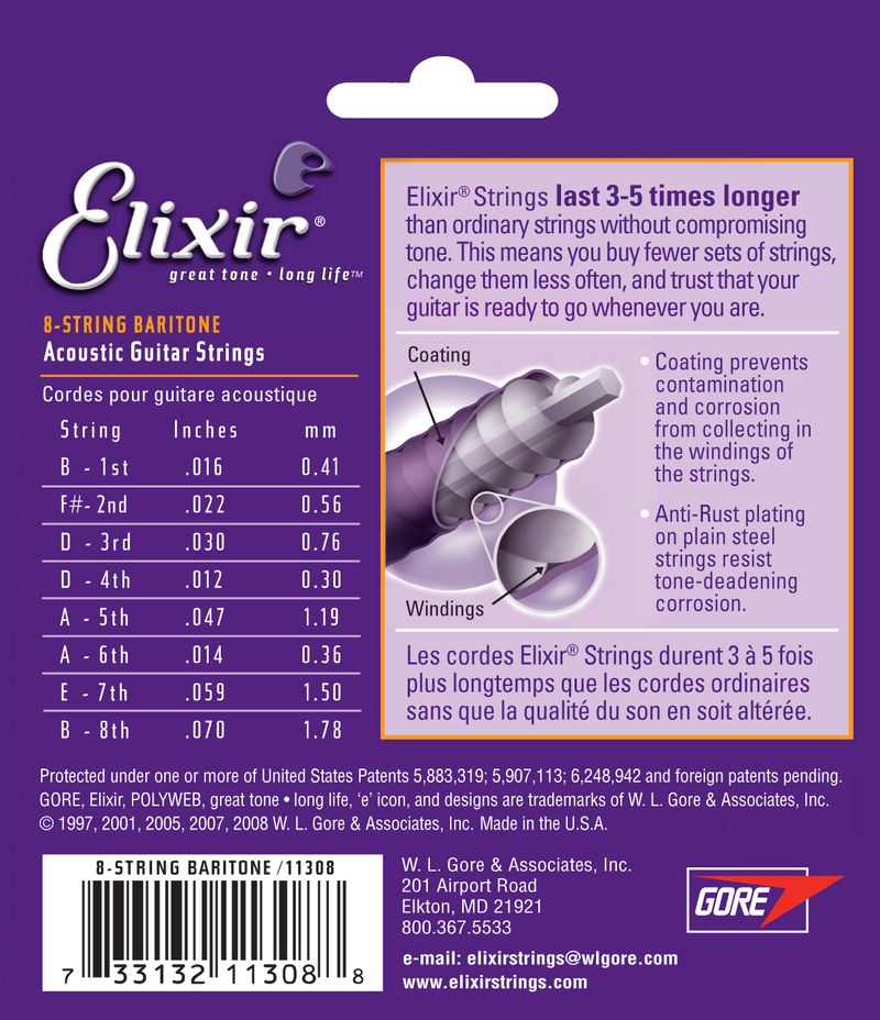 Elixir 80 20 Bronze 8 String Baritone Acoustic Guitar Strings 16