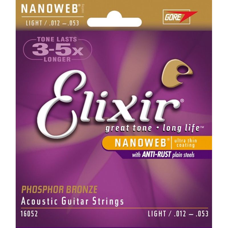 Elixir Nanoweb Phosphor Bronze Acoustic Guitar Strings Light .012 .053