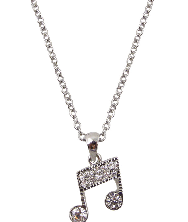Music Note Necklace with Rhinestones Silver Cosmo Music